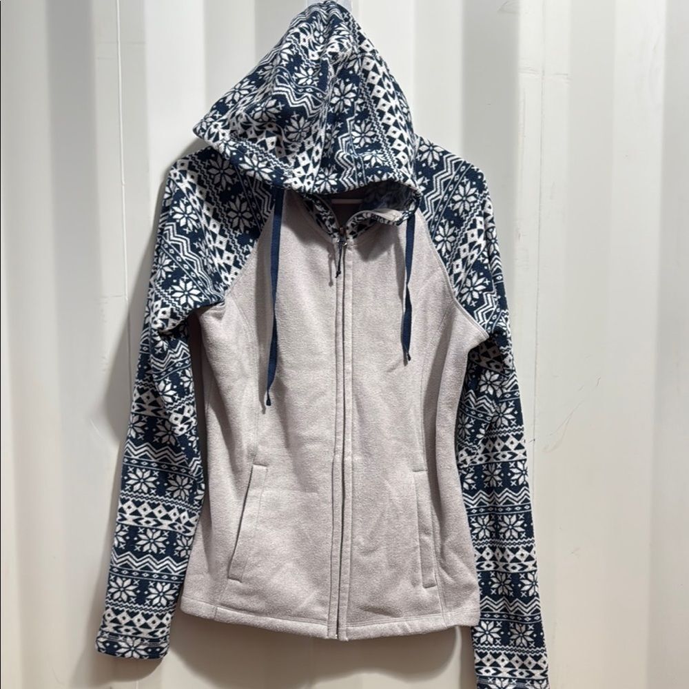 Cabela’s Fleece Blue Gray Patterned Hooded Full Zip Jacket
